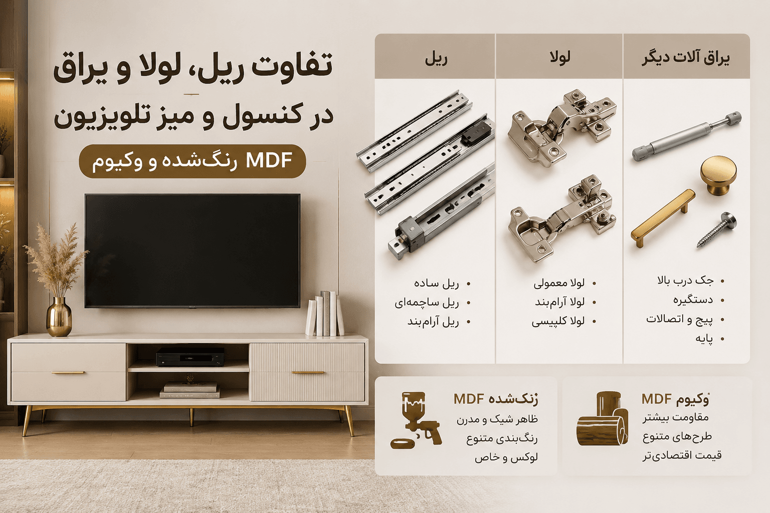 تفاوت ریل، لولا و یراق در کنسول و میز تلویزیون MDF رنگشده و وکیوم